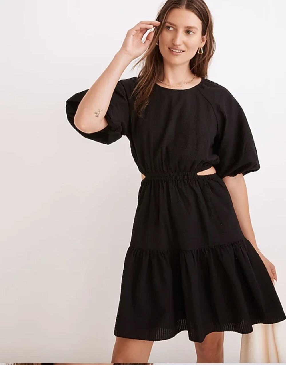 Madewell Womens L Black Seersucker Puff Sleeve Cutout Mini Dress NF870
